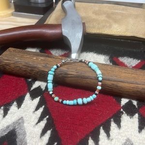 Turquoise, red Jasper, black onyx, white Jade, Argentium silver bracelet